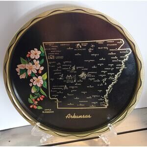 Vintage Mid Century ARKANSAS Round Black Tin Souvenir Travel Tray Barware 11”